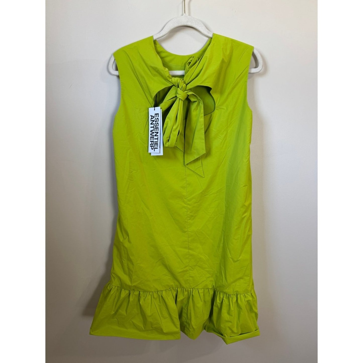 Essentiel Antwerp Lime Green Sleeveless Bow Back Ruffle Hem Mini Dress NWT