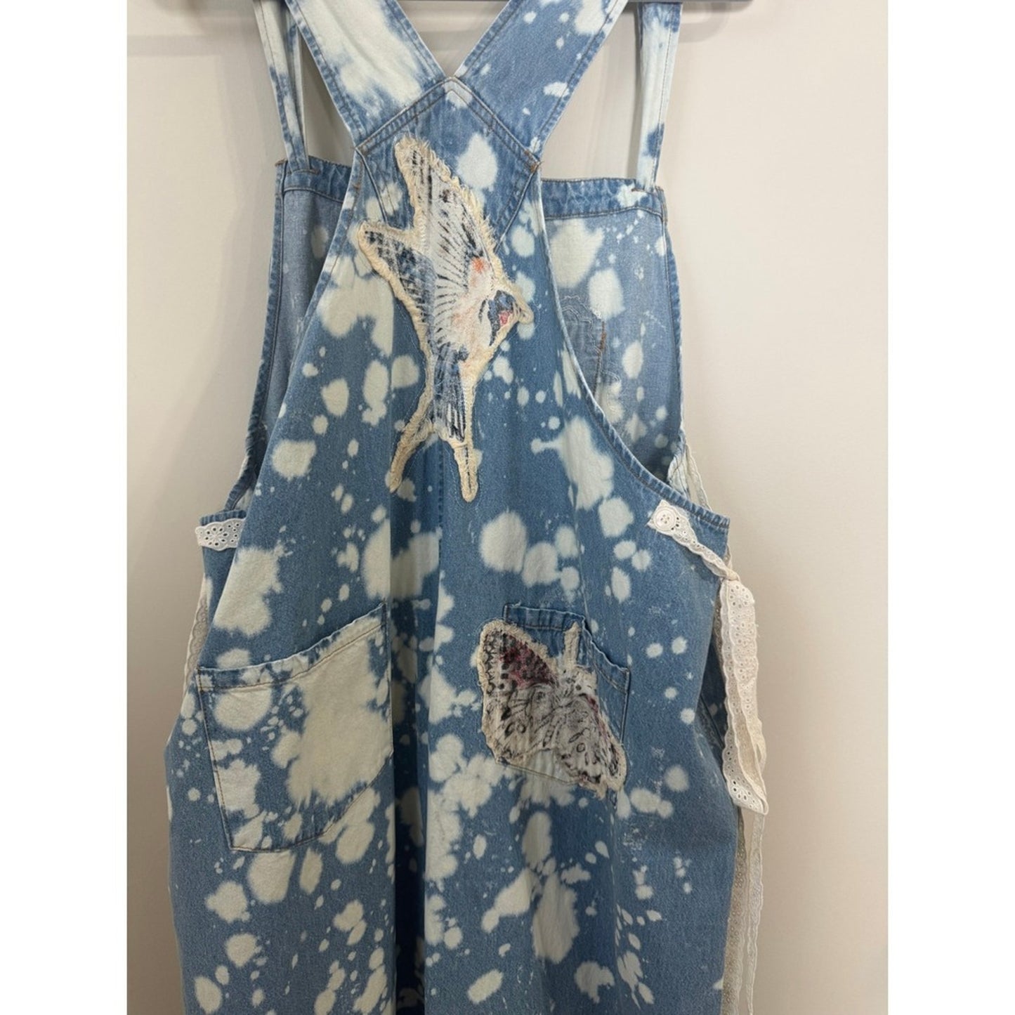 A Rare Bird Shop Custom Denim Overalls Acid Wash Floral Butterfly Lace Heart OS