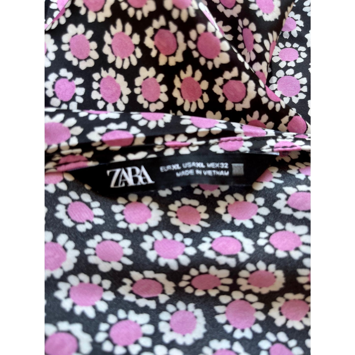 Zara Satin Effect Slip Midi Dress Black/Pink Floral Size XL