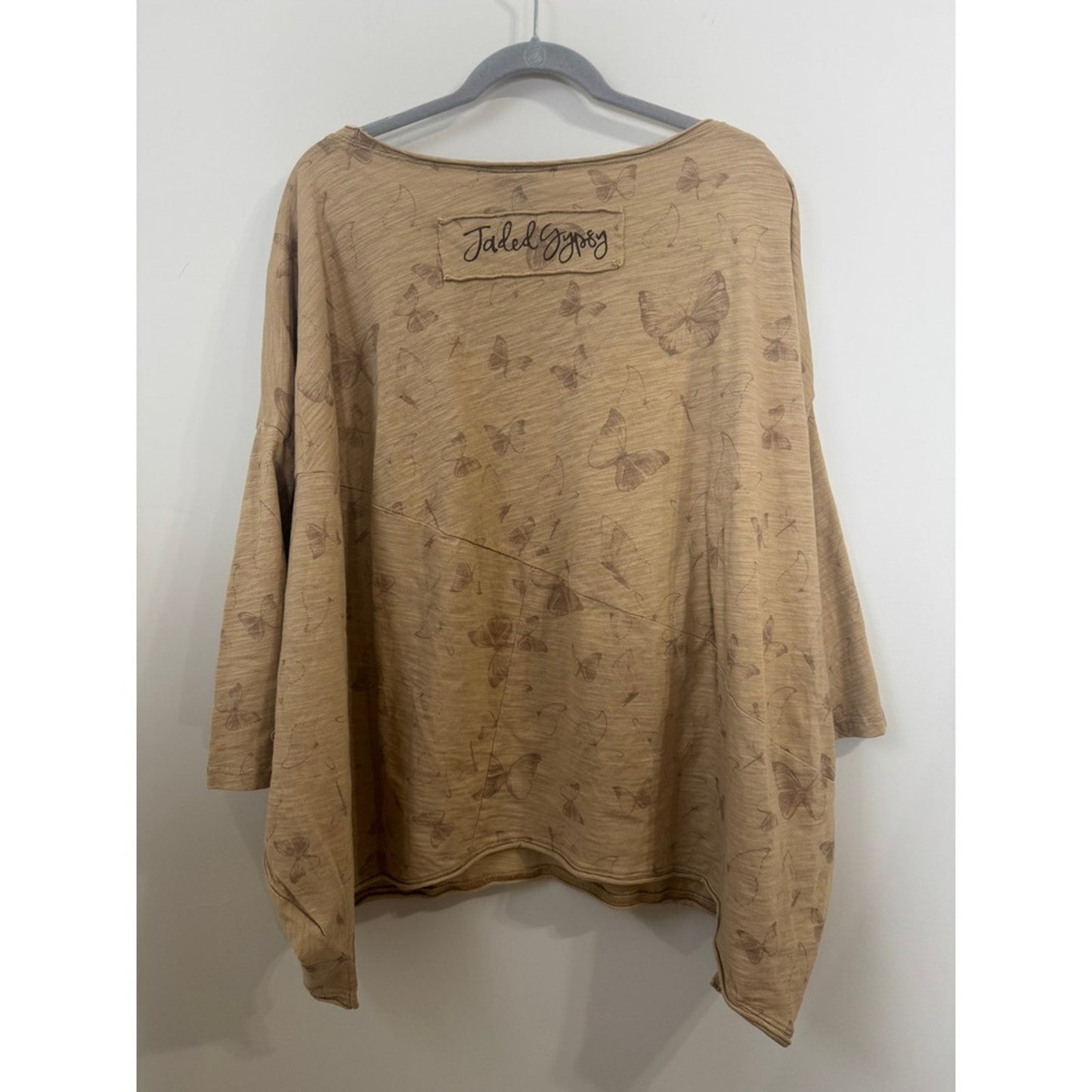 Jaded Gypsy Boho Oversized Butterfly Floral Horseshoe Slub Knit Top Tan OS