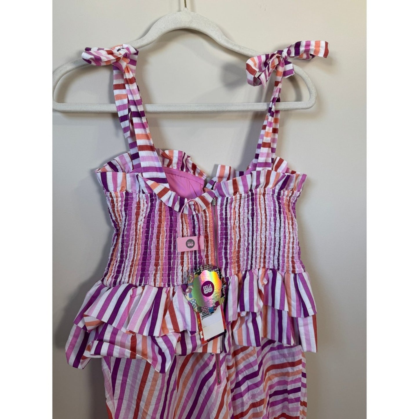 CeliaB Striped Maxi Dress Pink Orange Smocked Bodice Ruffle Hem Tie Shoulder NEW