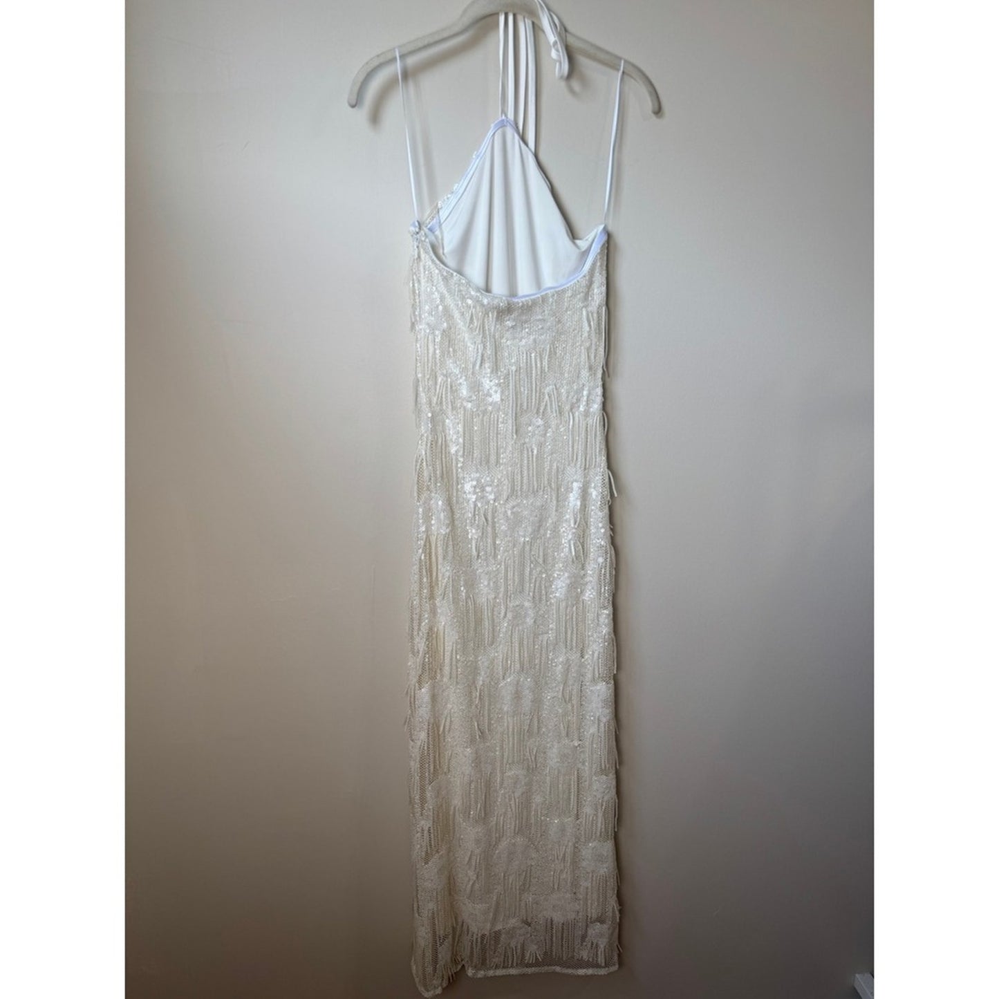 Show Me Your Mumu White Sequin Fringe Halter Maxi Dress XXS Bridal Formal Gown