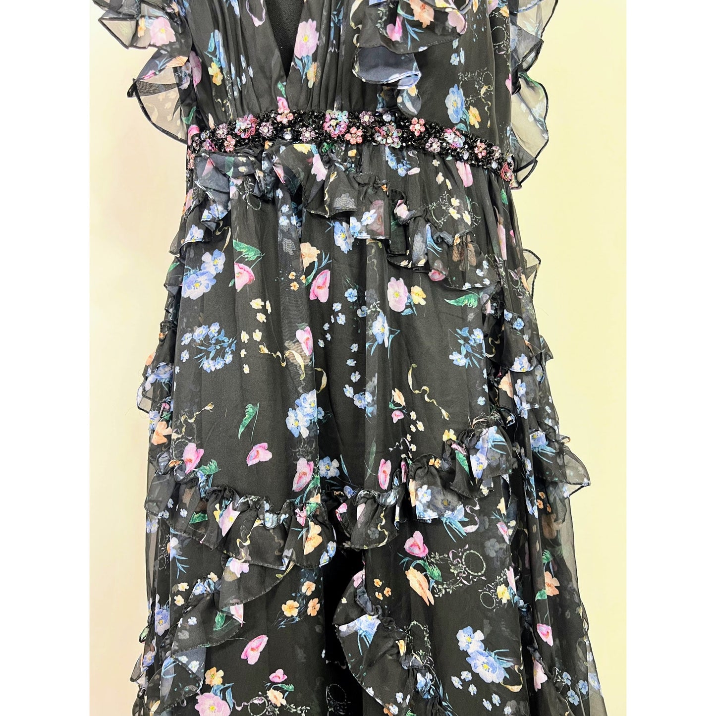 Ieena for Mac Duggal Ruffled Floral Print Cap Sleeve Gown Size 8