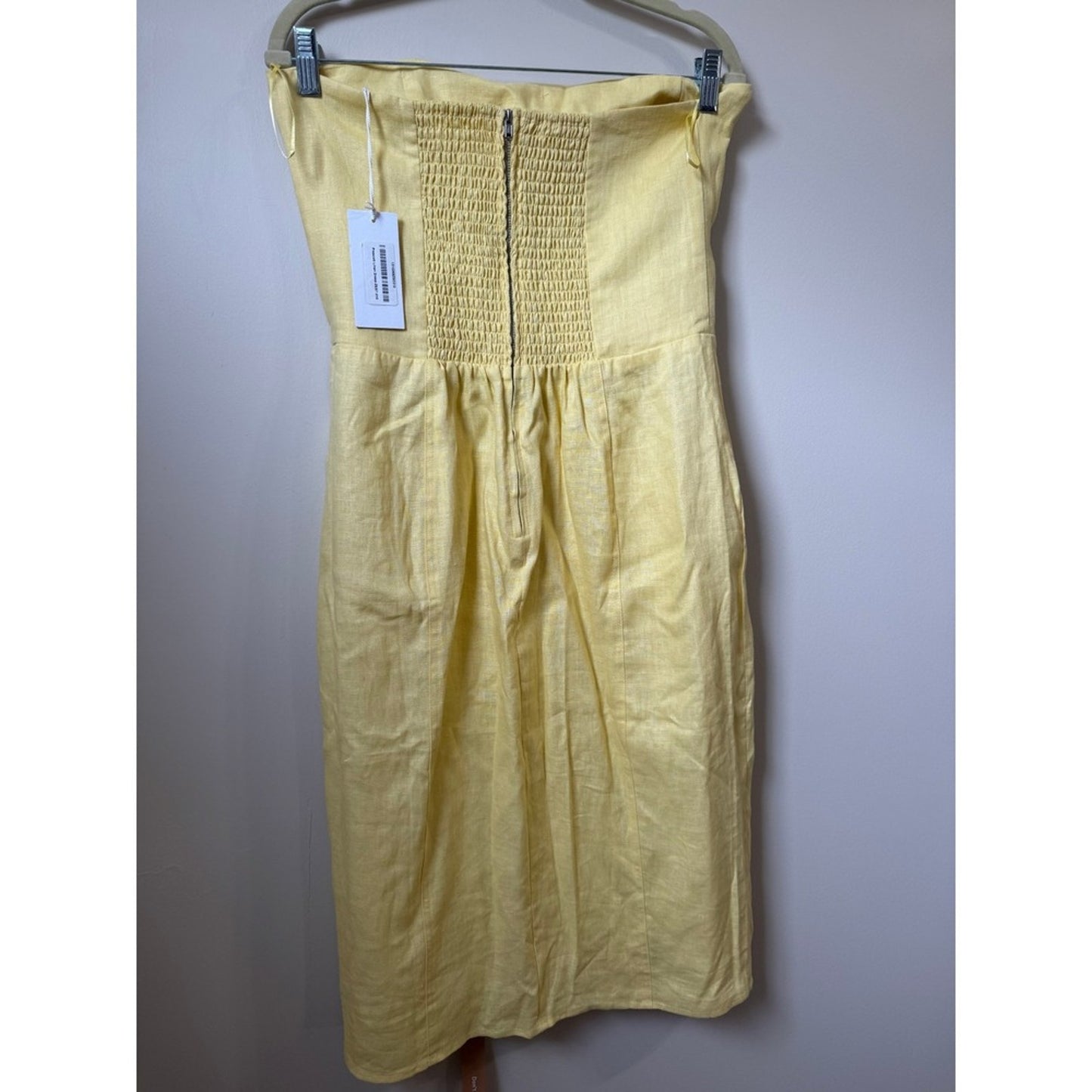 Reformation Prescott Linen Blend Strapless Midi Dress Pale Yellow Button Back