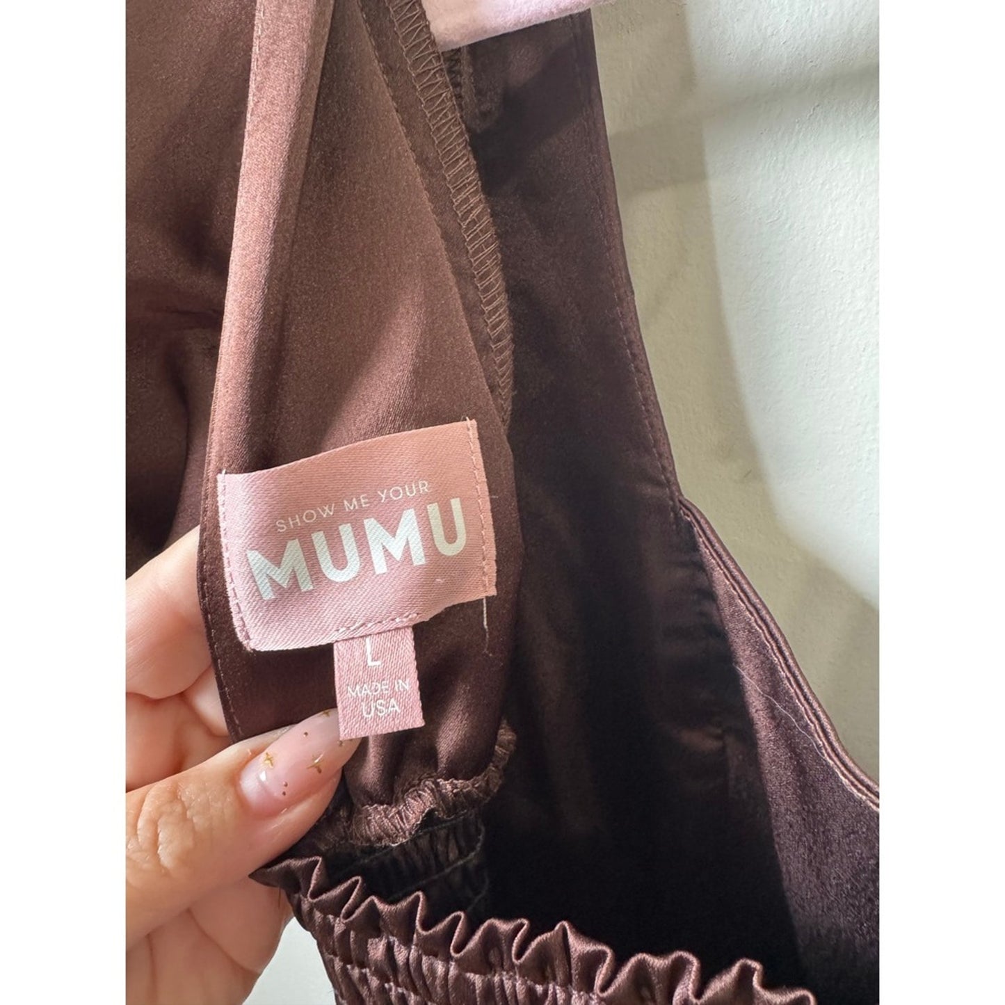 Show Me Your Mumu Brown Satin Puff Sleeve Maxi Dress Smocked Back Size Large