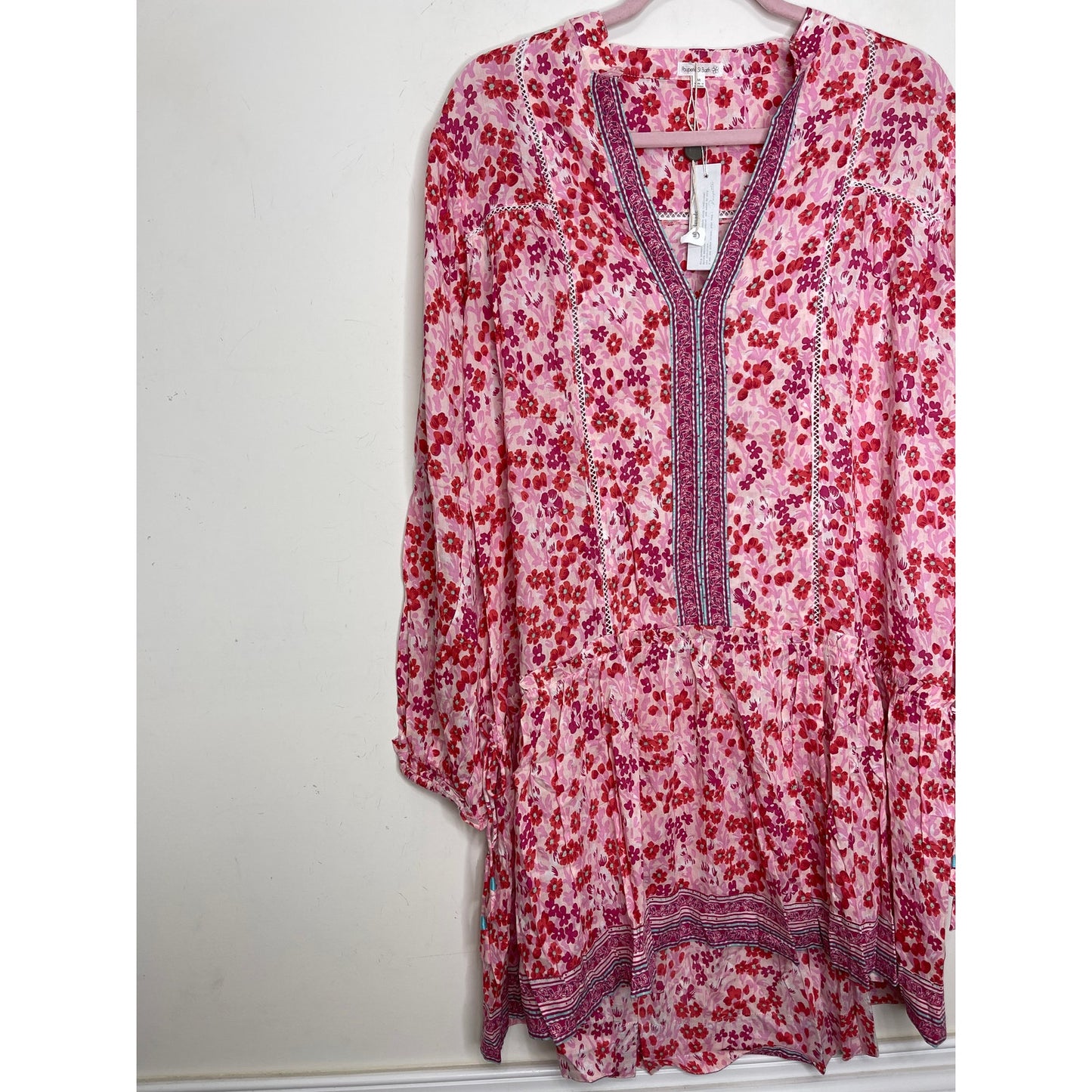 Poupette St. Barth Sylvia Drop Waist Mini Dress in Pink Daffodil Medium Tasseled