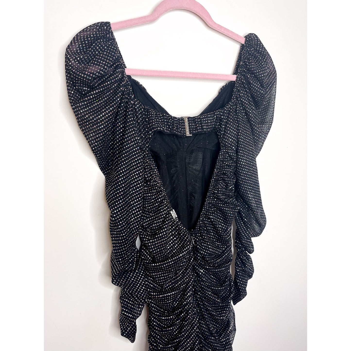 For Love & Lemons All That Glitters Black Sparkle Ruched Mini Dress Size XS