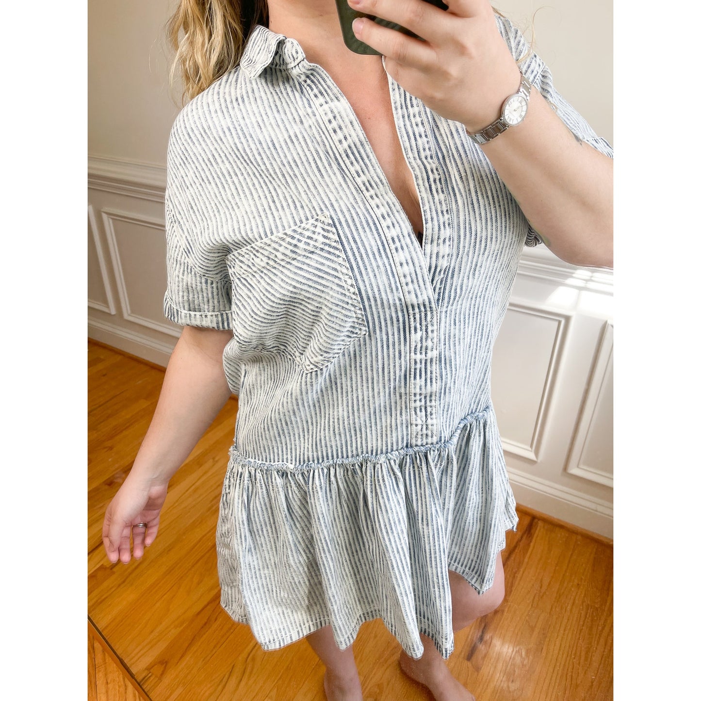 We the Free X Free People Denim Pinstripe Drop Waist Mini Dress Size Medium