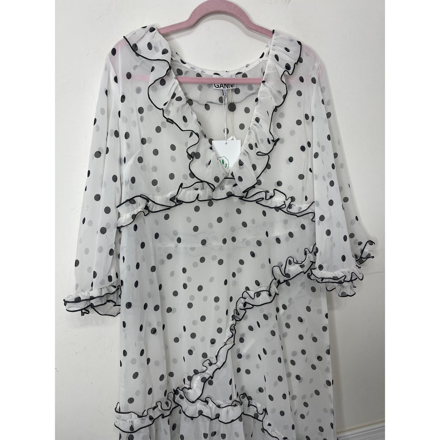 GANNI Ruffled Chiffon Midi Dress White Polka Dot 40/US 10 Half Sleeve V-Neck
