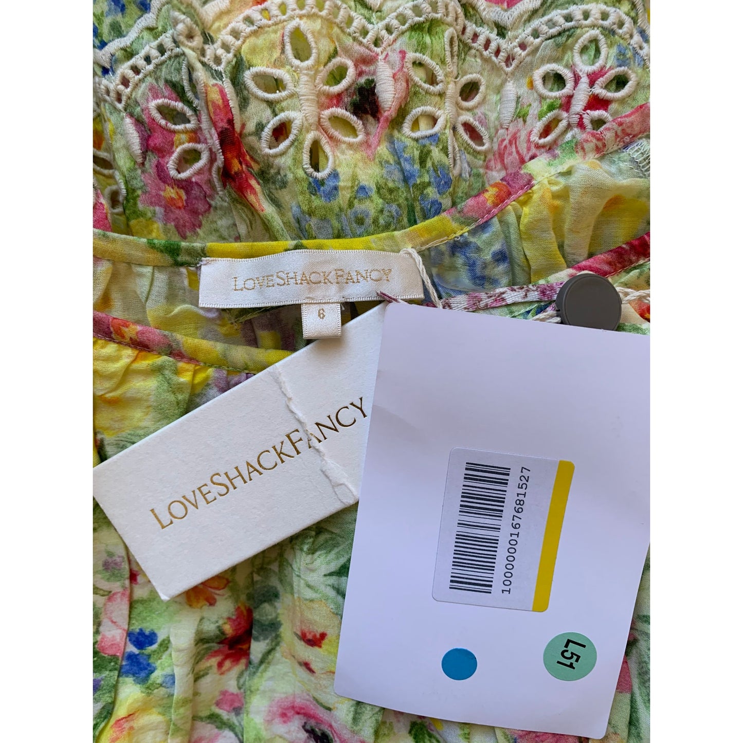 Love Shack Fancy Mini Dress Yellow Floral Print Size 6 Long Sleeve Ruffle Eyelet