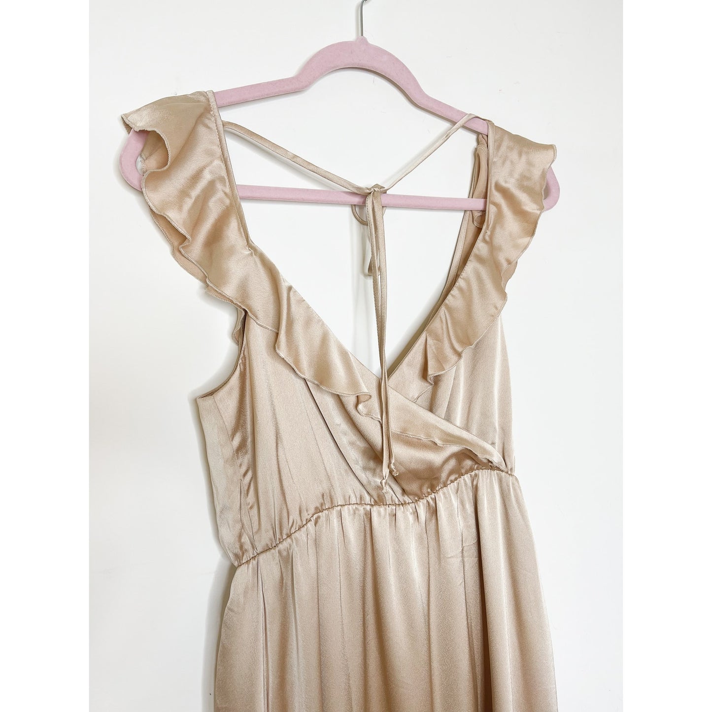Show Me Your Mumu Samantha Ruffle Wrap Dress in Champagne Luxe Satin Size Large