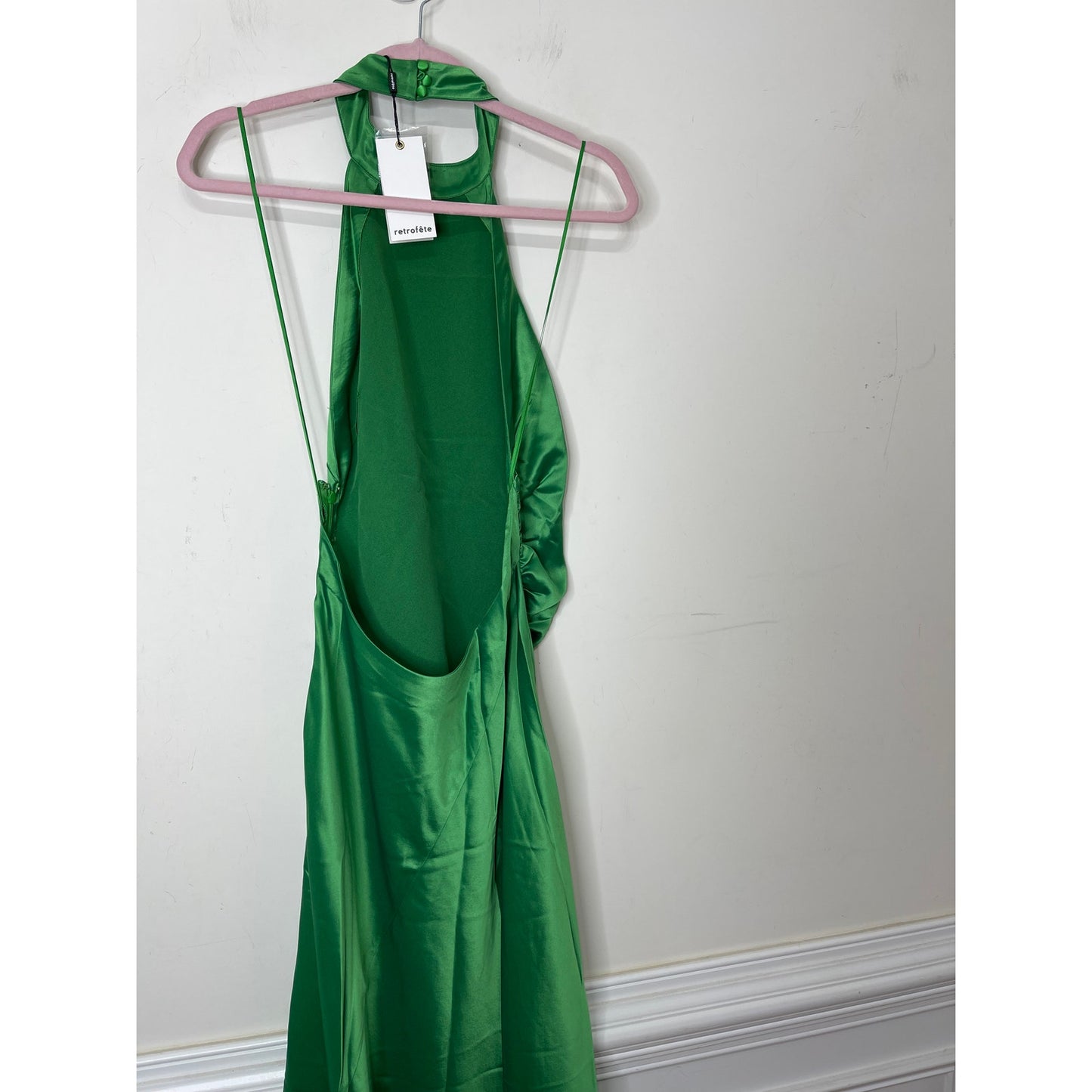 Retrofete Sabrina Dress in Natural Green Large Asymmetrical Sleeveless Satin