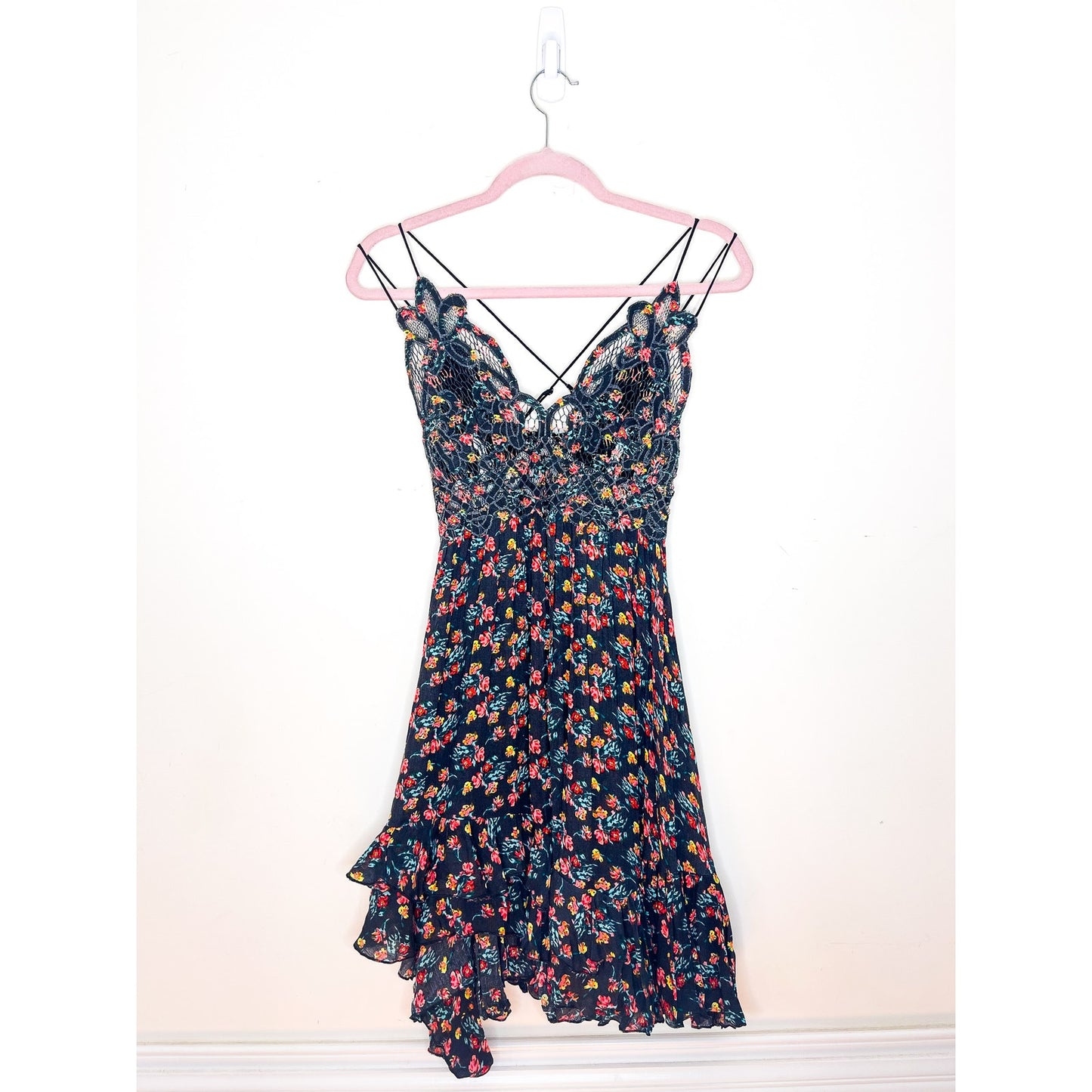 Free People Adella Printed Mini Slip Dress in Black combo Size Small FRE361