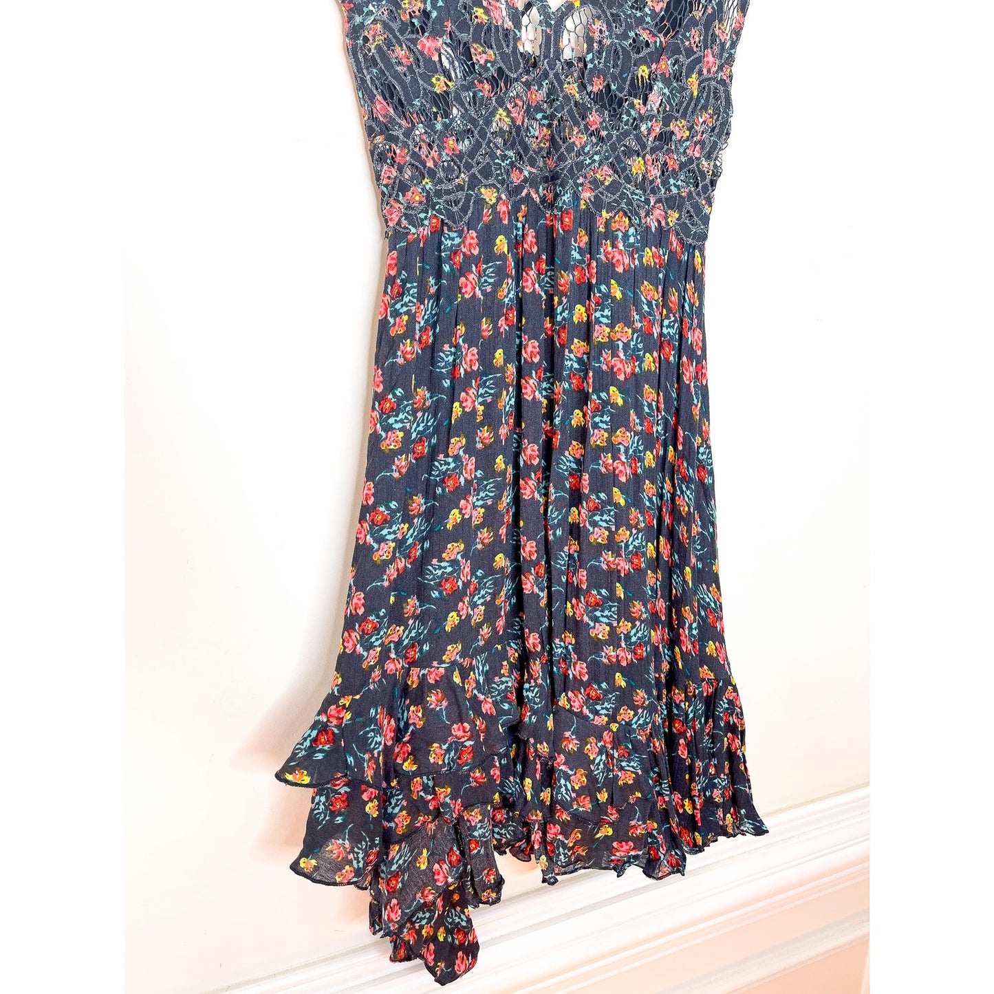 Free People Adella Printed Mini Slip Dress in Black combo Size Small