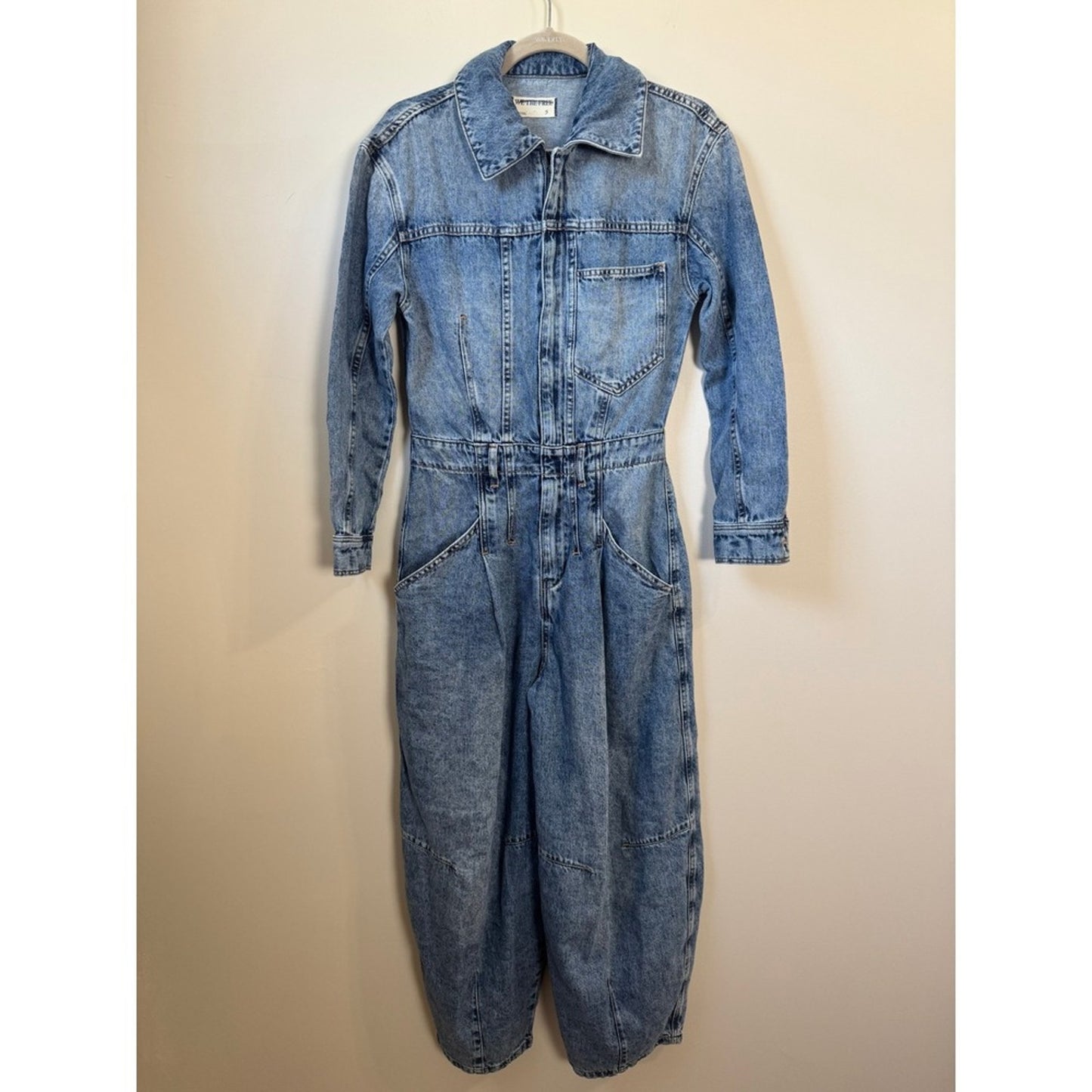 We The Free Free People Marci Denim Jumpsuit Blue Acid Wash Utility Size S