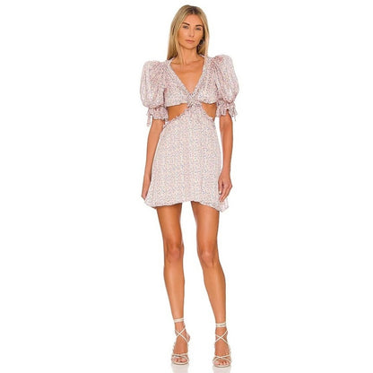 For Love & Lemons Pink Floral Cutout Mini Dress Puff Sleeve Metallic Pleat Small