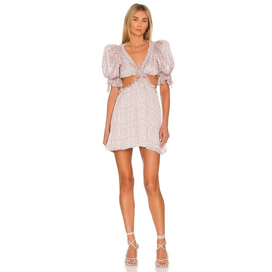 For Love & Lemons Pink Floral Cutout Mini Dress Puff Sleeve Metallic Pleat Small