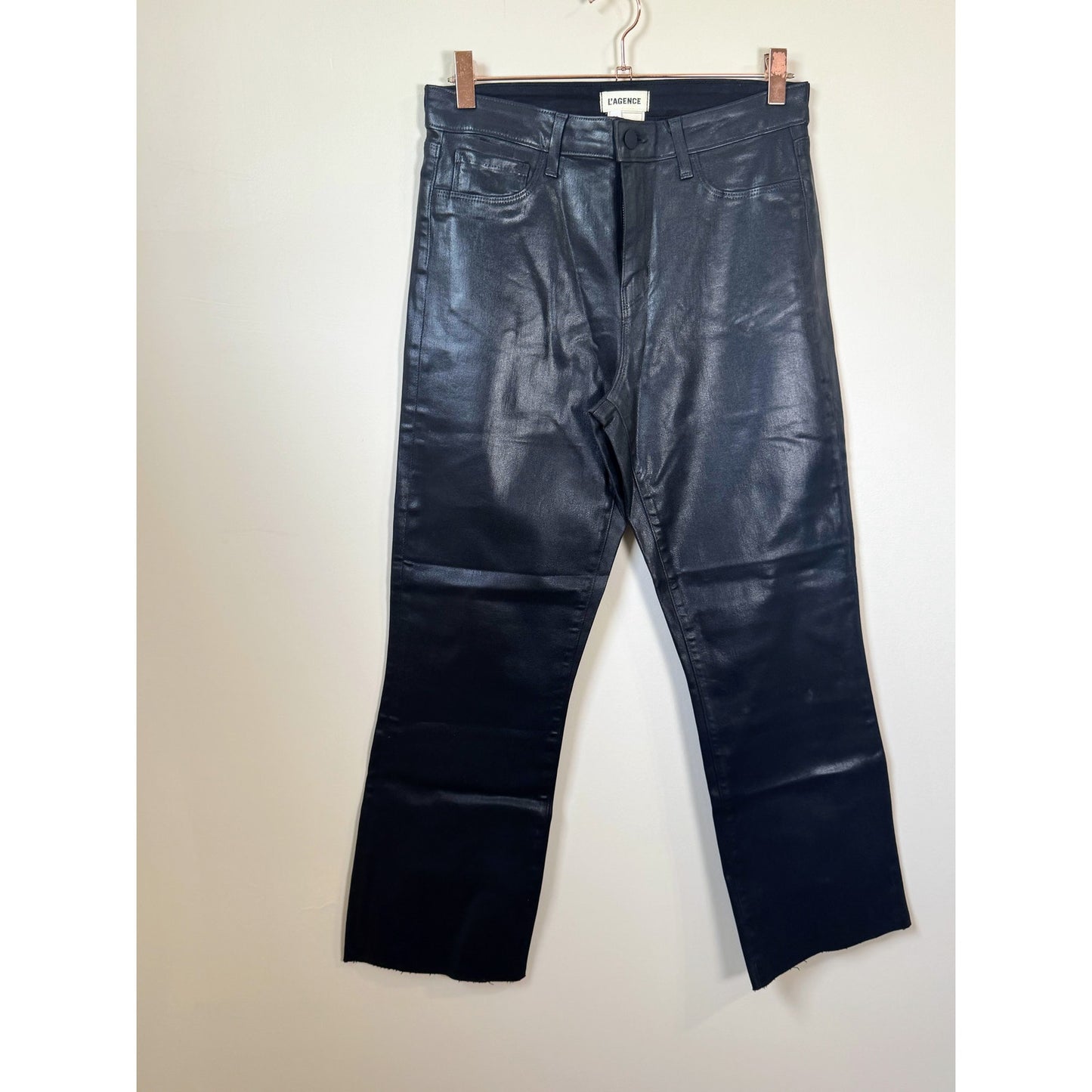 NEW NWT L'agence Kendra High Rise Crop Flare Coated Black Size 28