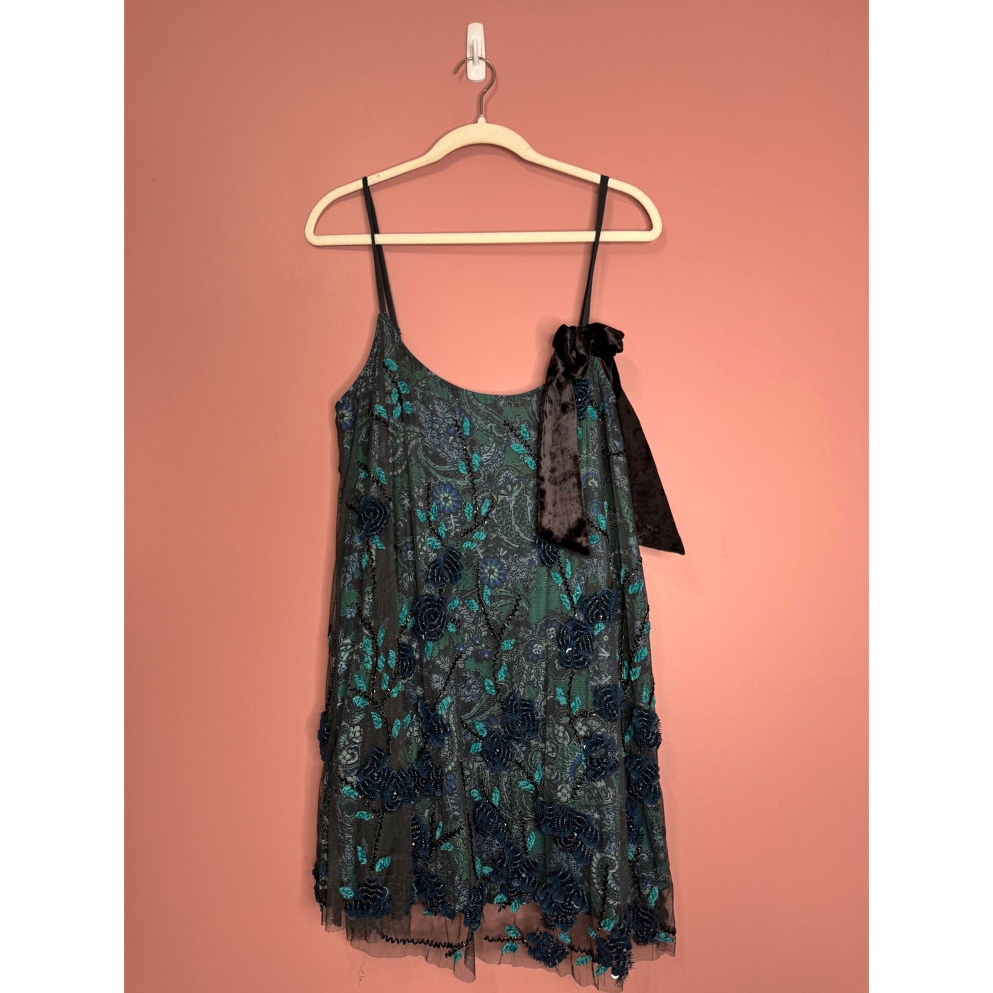 Free People Pure Heart Mini Dress Sleeveless Large Floral Paisley Sequin Lined