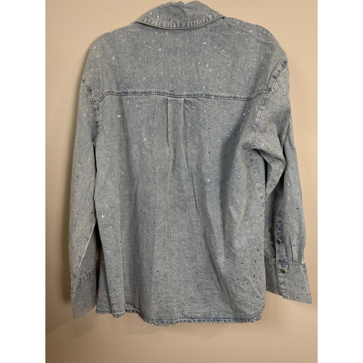 Show Me Your Mumu Rhinestone Denim Shirt Light Wash Crystal Shacket Womens Small