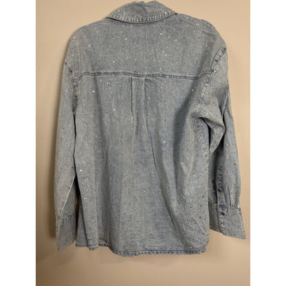 Show Me Your Mumu Rhinestone Denim Shirt Light Wash Crystal Shacket Womens Small