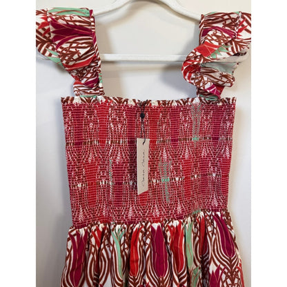 Cara Cara Smocked Midi Dress Red Tulip Print Ruffle Strap Tiered NWT