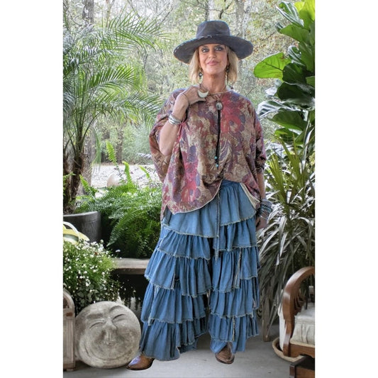 Jaded Gypsy Blue Denim Tiered Ruffle Frayed Wide Leg Pants Lagenlook Boho L/XL