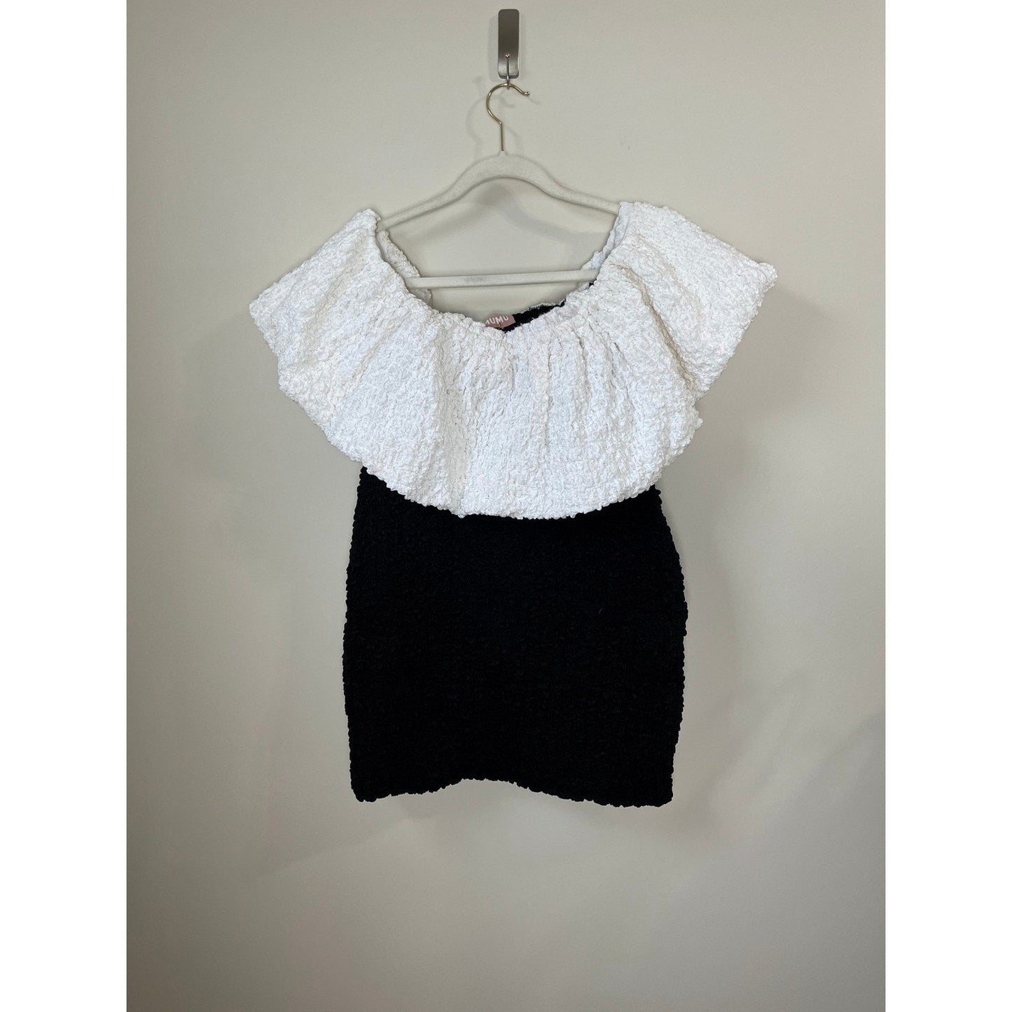 Show Me Your Mumu Anita Mini Dress Black White Textured Off Shoulder Large