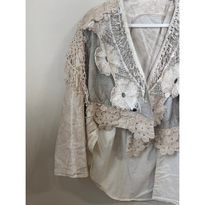 Jaded Gypsy Boho Crochet Lace Fringe Jacket Linen Blend Neutral Mixed Media S/M