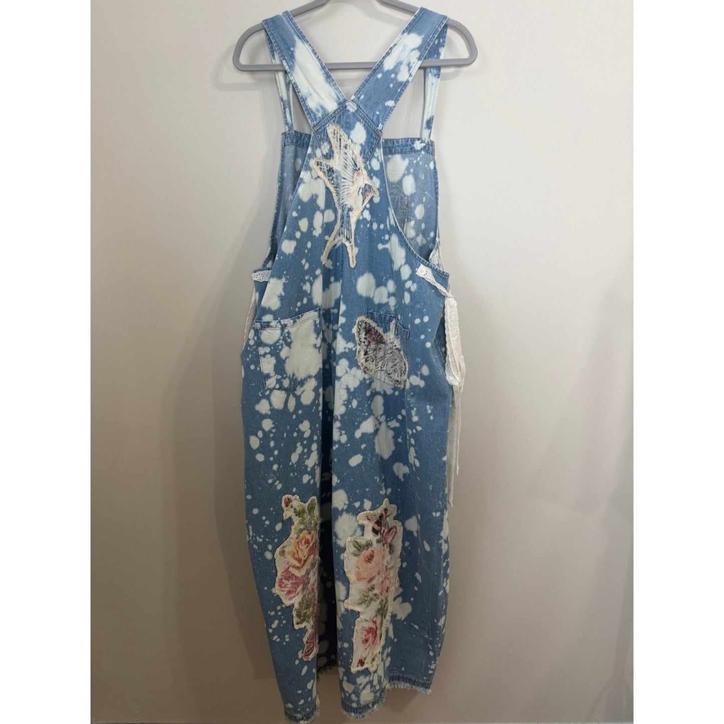 A Rare Bird Shop Custom Denim Overalls Acid Wash Floral Butterfly Lace Heart OS