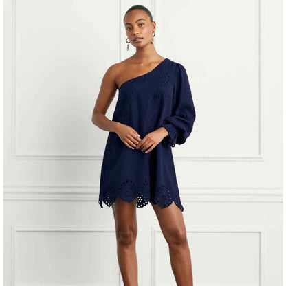 Hill House The Mila Mini Dress in Navy Blue Small One Shoulder Eyelet Linen