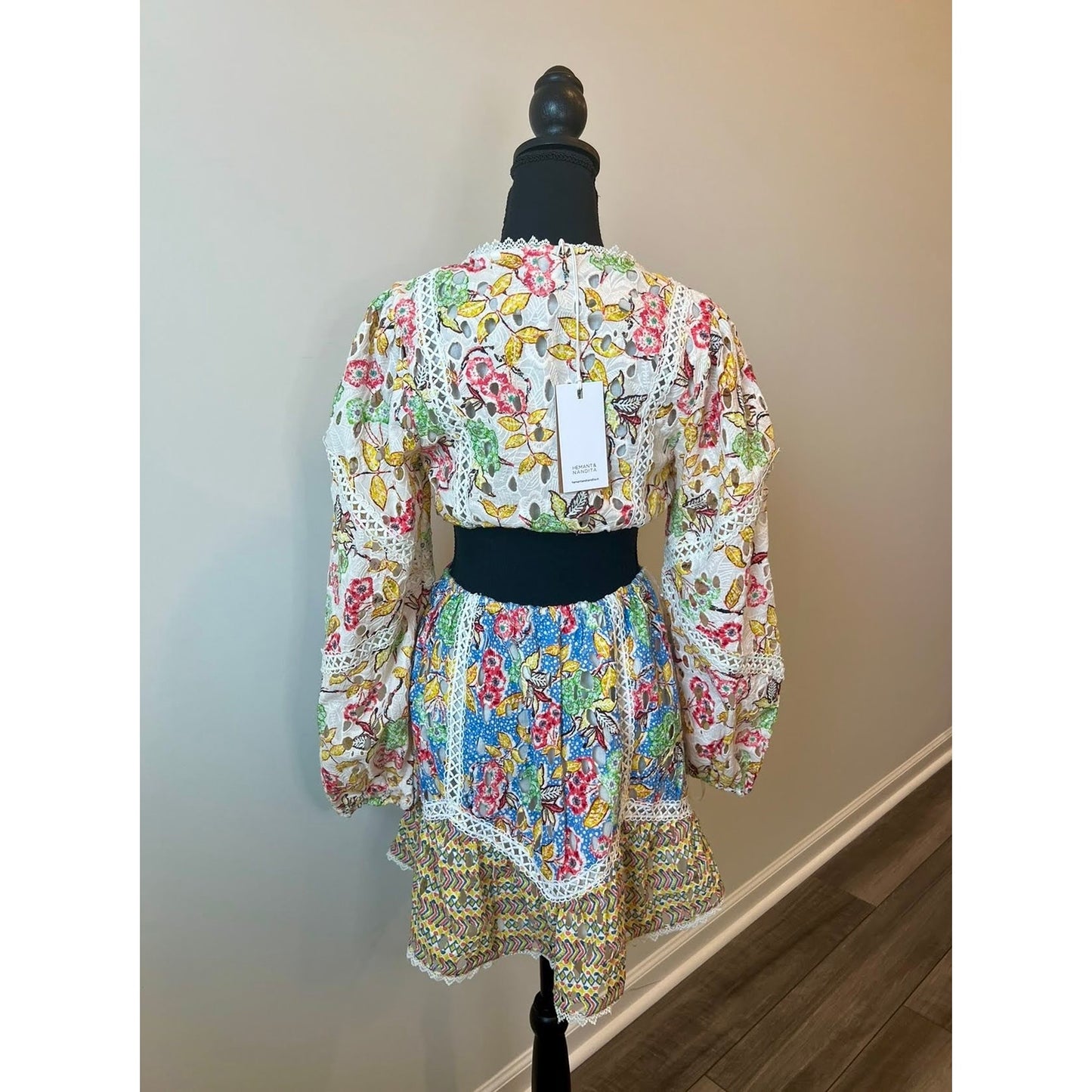 Hemant and Nandita Blue Printed Preet Mini Dress Large Floral Cut-Out Lined