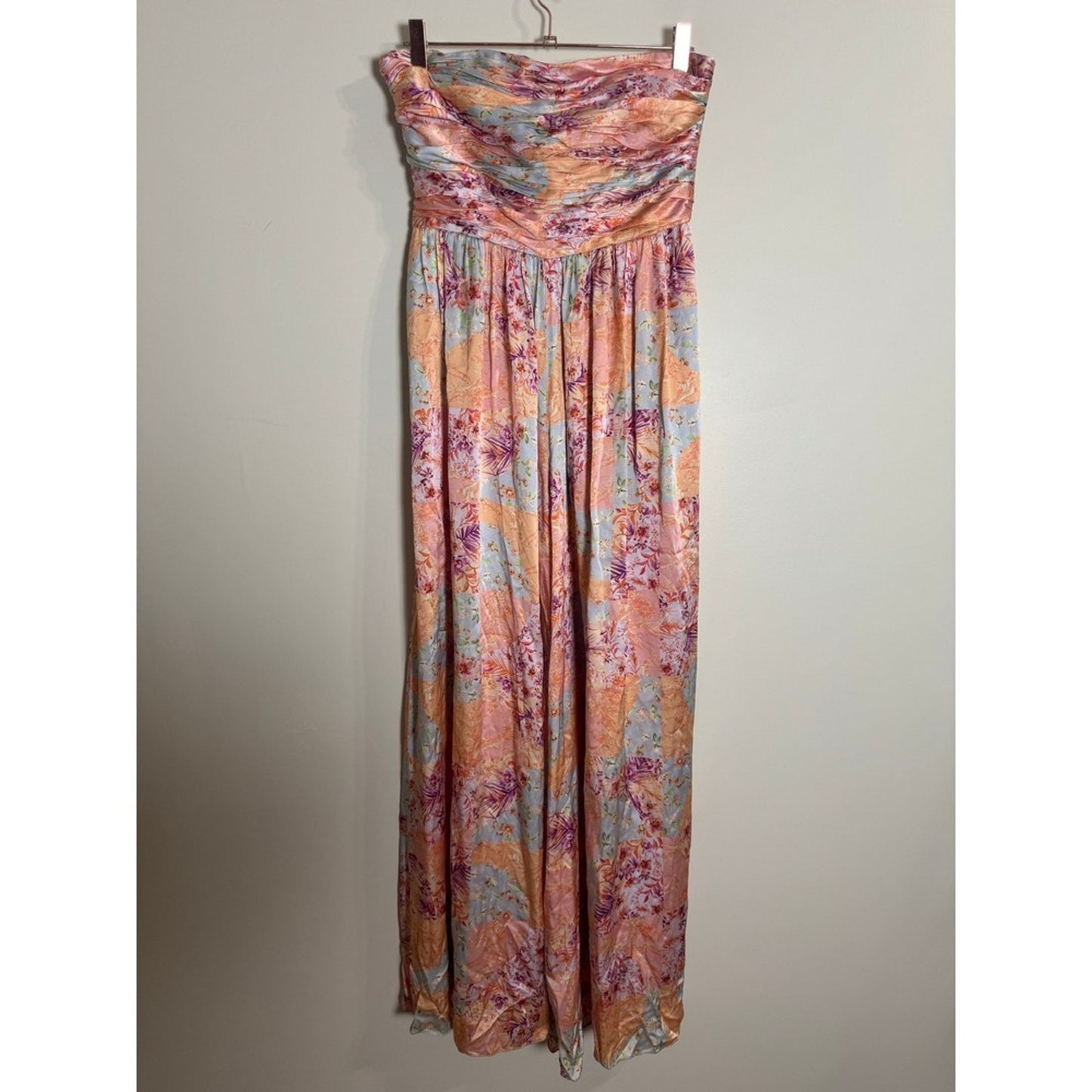 AMUR Strapless Wide Leg Jumpsuit Floral Patchwork Ruched Bodice Pink Size 6