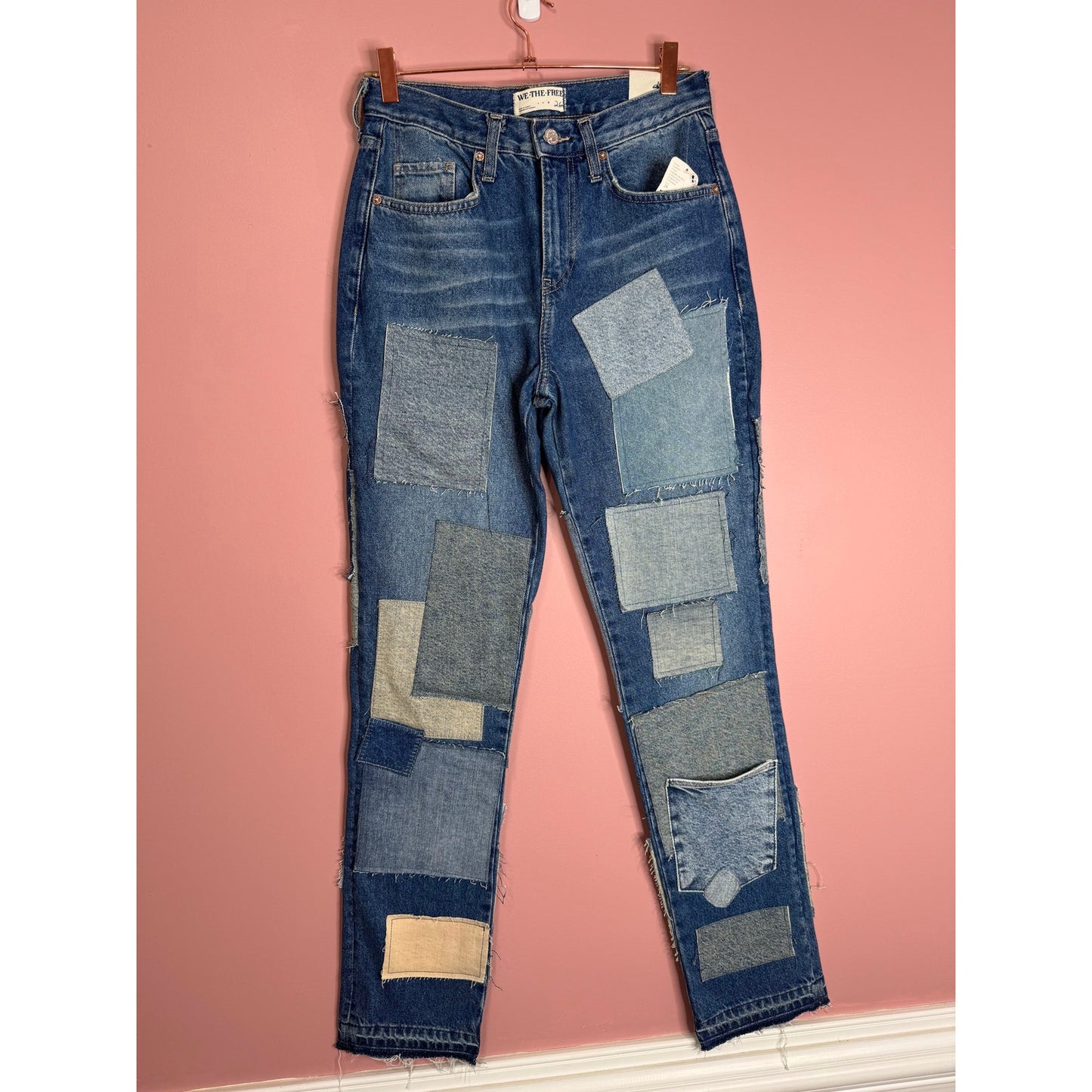 Free People Bare With Me Jeans in Blue Size 26 Patchwork Mid-Rise Straight Leg