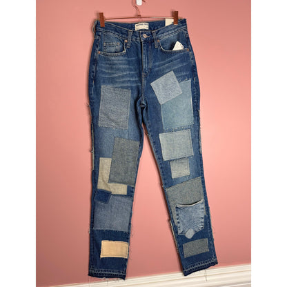Free People Bare With Me Jeans in Blue Size 26 Patchwork Mid-Rise Straight Leg
