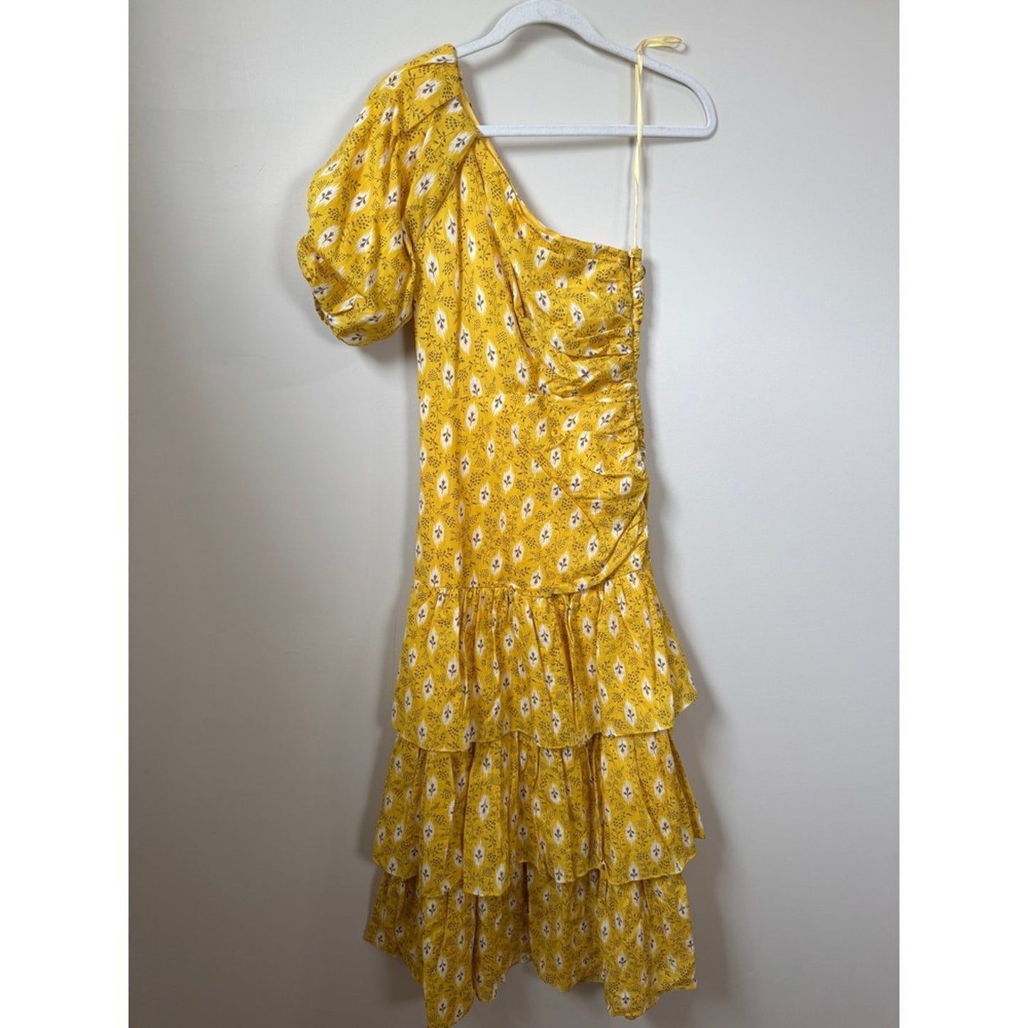 Veronica Beard Yellow Ikat Floral One Shoulder Tiered Ruffle Midi Dress Size 0