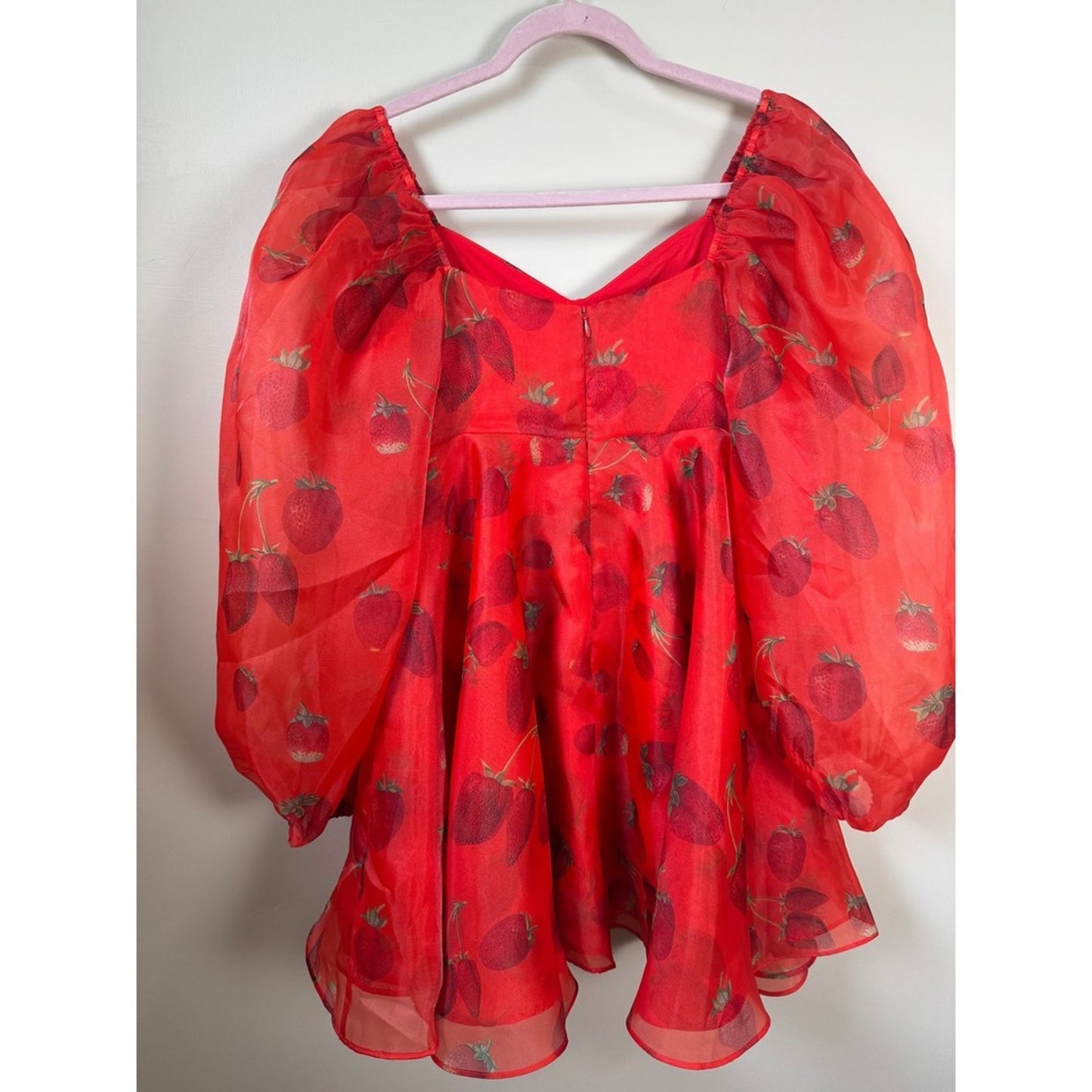 Selkie Red Strawberry Ritz Dress Womens Small Puff Sleeve Organza Mini Skater