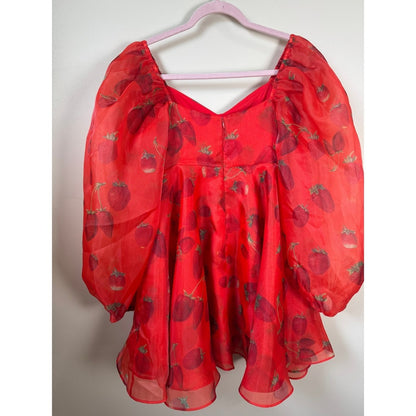 Selkie Red Strawberry Ritz Dress Womens Small Puff Sleeve Organza Mini Skater