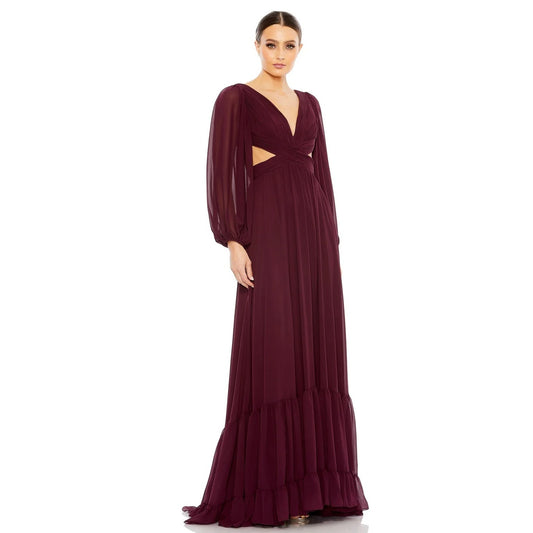 NEW NWT Mac Duggal Pleated Cut Out Long Sleeve Lace Up Tiered Gown STYLE 67948 Size 16 Plum