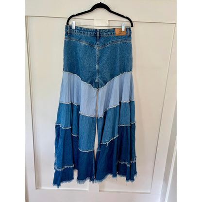 NEW Free People Dreamscape Tiered Denim Wide Leg Jeans Blue Size 31 Short