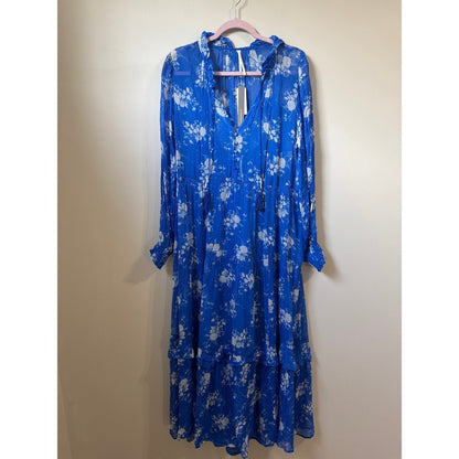 Anthropologie Blue Floral Tiered Maxi Dress Long Sleeve Ruffle V-Neck Boho NWT