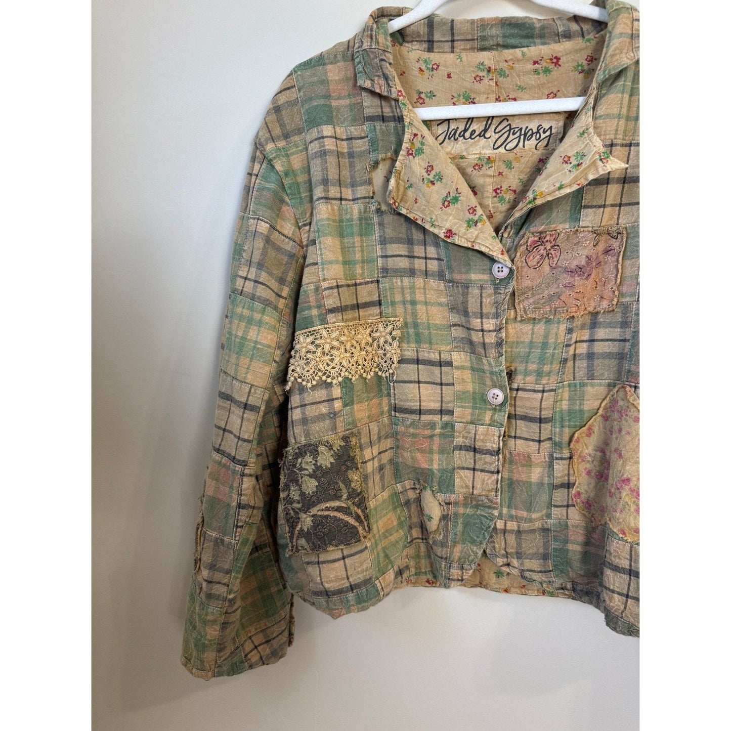 Jaded Gypsy Patchwork Plaid Floral Kimono Jacket Boho Hippie Shacket