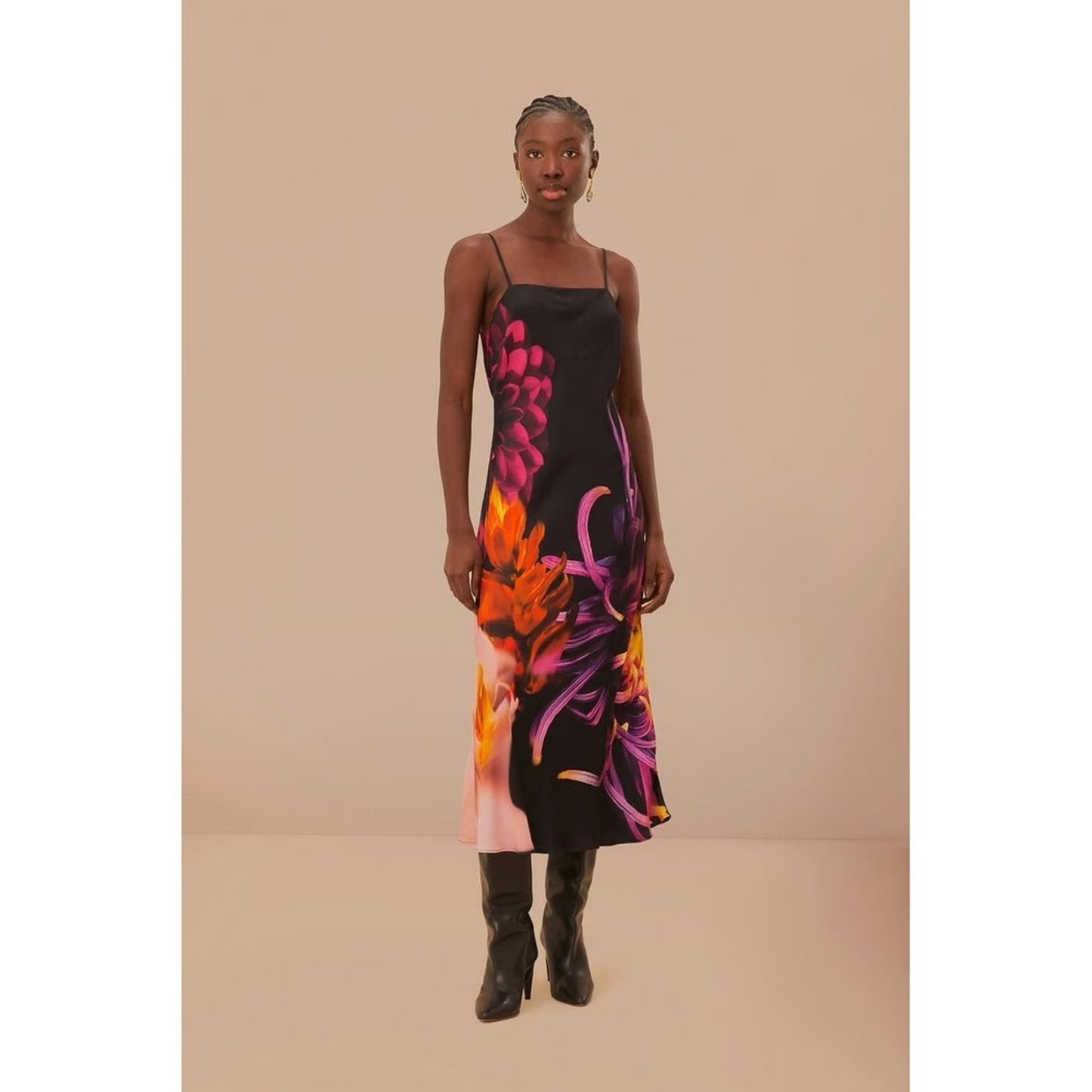 Farm Rio Black Floral Print Maxi Slip Dress Midi Spaghetti Strap