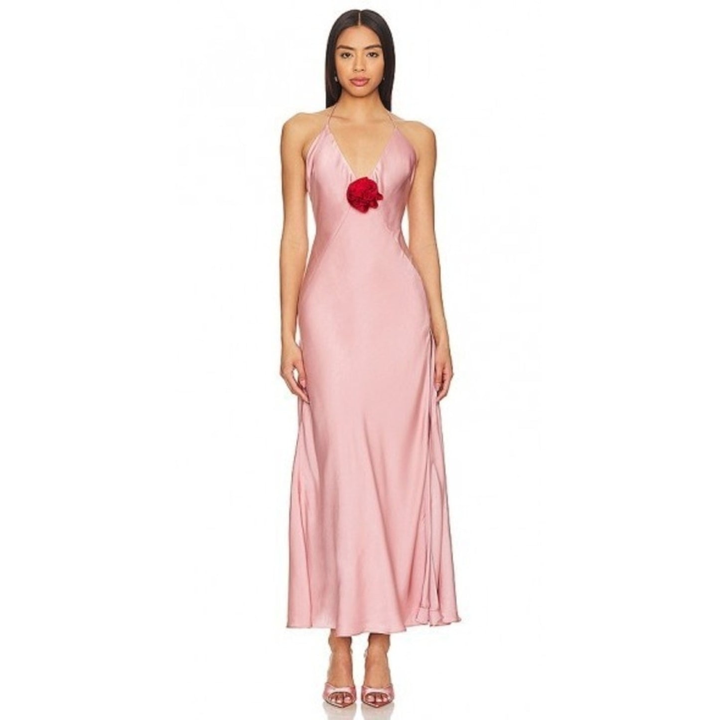 Bardot Aradia Pink Silk Halter Neck Maxi Dress Red Rose Accent