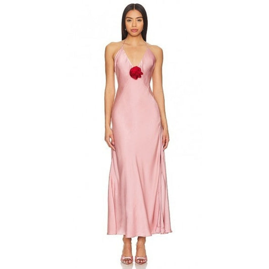 Bardot Aradia Pink Silk Halter Neck Maxi Dress Red Rose Accent