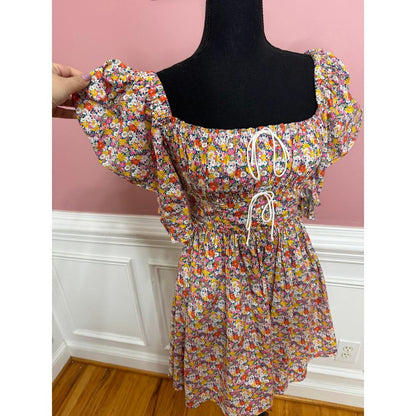 For Love & Lemons Libby Mini Dress in Orange Floral‎ Small Short Sleeve Lined