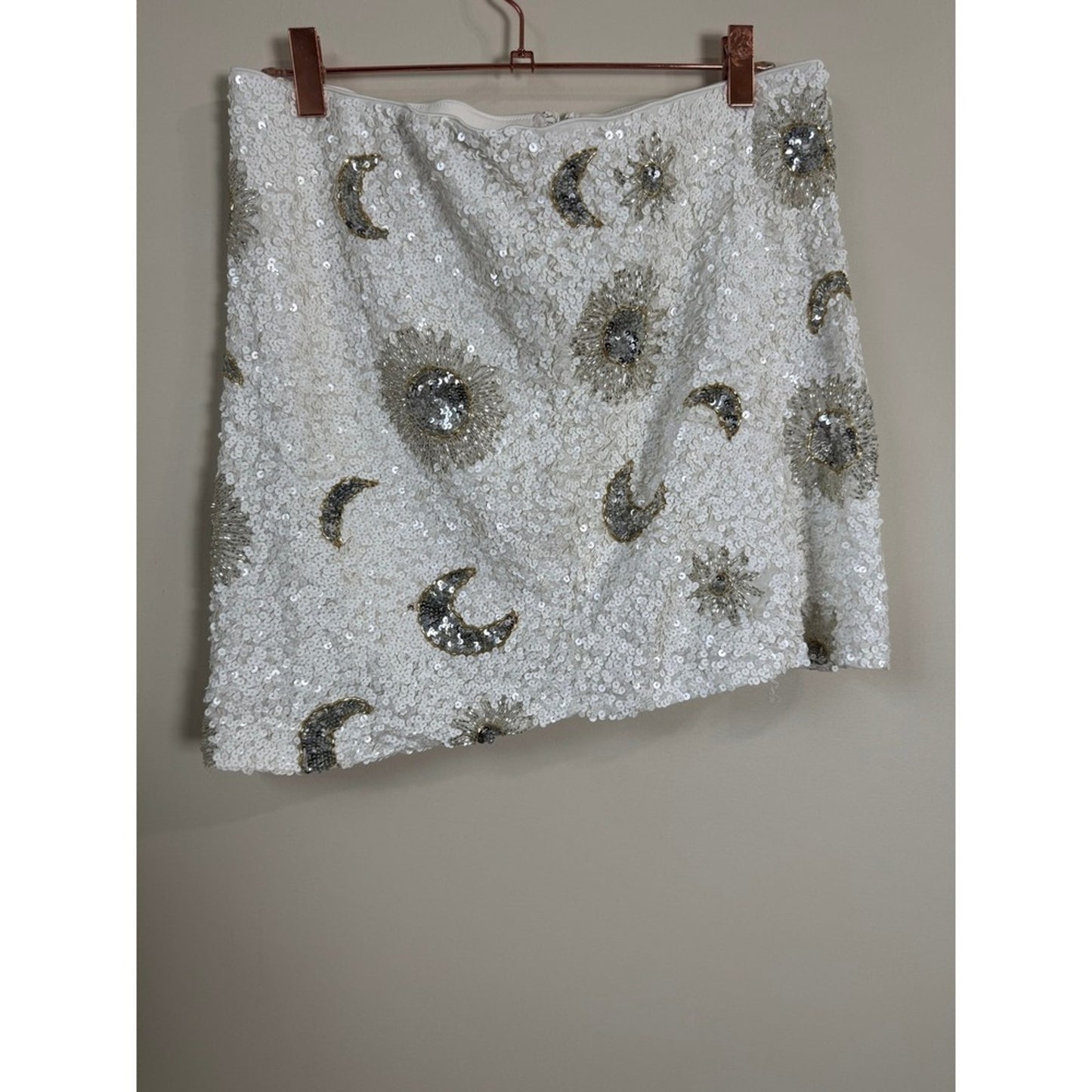 Show Me Your Mumu White Sequin Sun and Moon Celestial Beaded Mini Skirt Silver