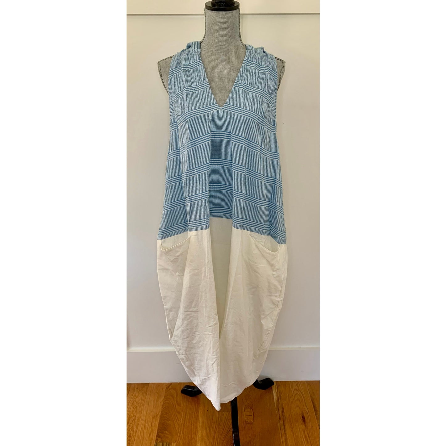 Free People Roadtripping Midi Dress Blue Combo Size XS V-Neck Sleeveless Cotton