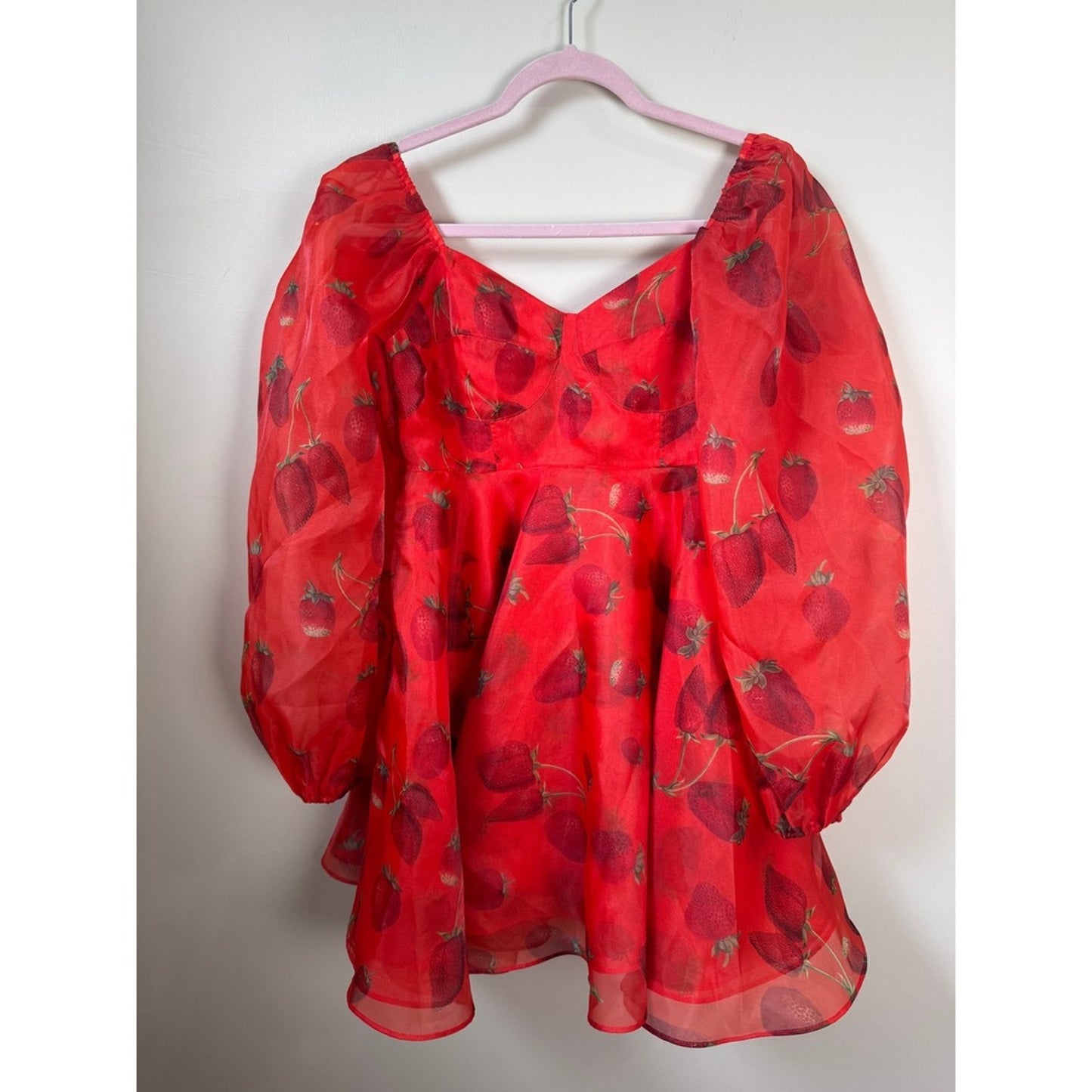 Selkie Red Strawberry Ritz Dress Womens Small Puff Sleeve Organza Mini Skater