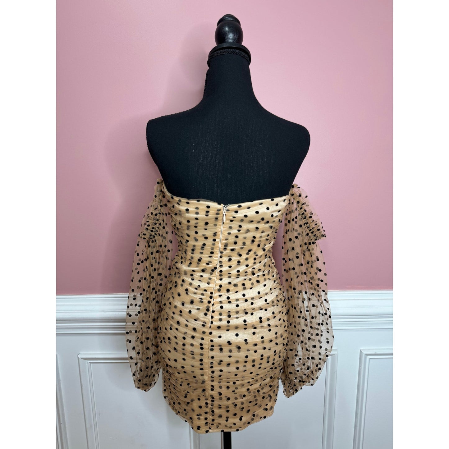 Majorelle Secrets Dress in Dark Nude Polka Dots Size XS Sheer Long Sleeve Lined